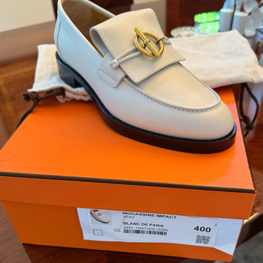 Hermes Cream Moccasins with Gold Accent